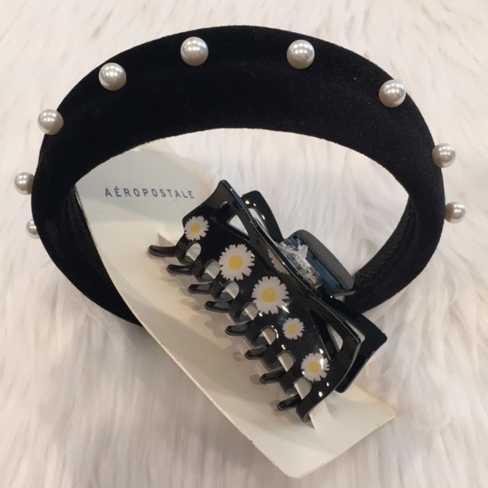 Velvet Head Band w/ Faux Pearls & Clip Set